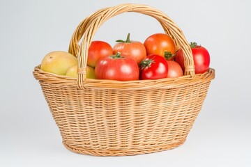 Fresh tomatoes and a pear in a woven basket