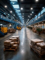 Spacious Warehouse Interior with Pallets of Packaged Goods and Industrial Equipment Under Bright Overhead Lighting