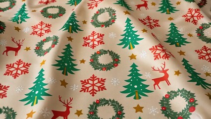 Festive fabric featuring Christmas trees, reindeer, snowflakes, and wreaths in vibrant colors on a gold background.