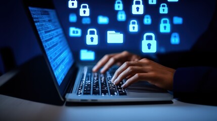 Person typing with digital security icons above shows active online defense tools supporting zero trust security, privacy, and secure data protection