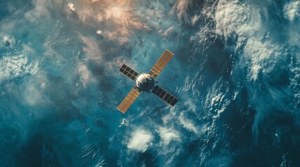 Fototapeta premium Satellite orbits Earth amidst swirling clouds and vibrant colors in the vastness of space during daylight hours