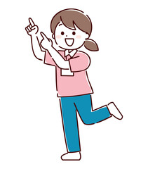 陽気に指差し案内をしているユニフォームを着た女性