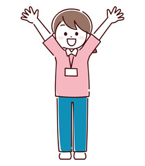 両手を上に広げているユニフォームを着た女性