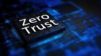 Zero trust text placed on ai chip with cyber background shows tech defense concept tied to zero trust security, privacy, and secure digital layers