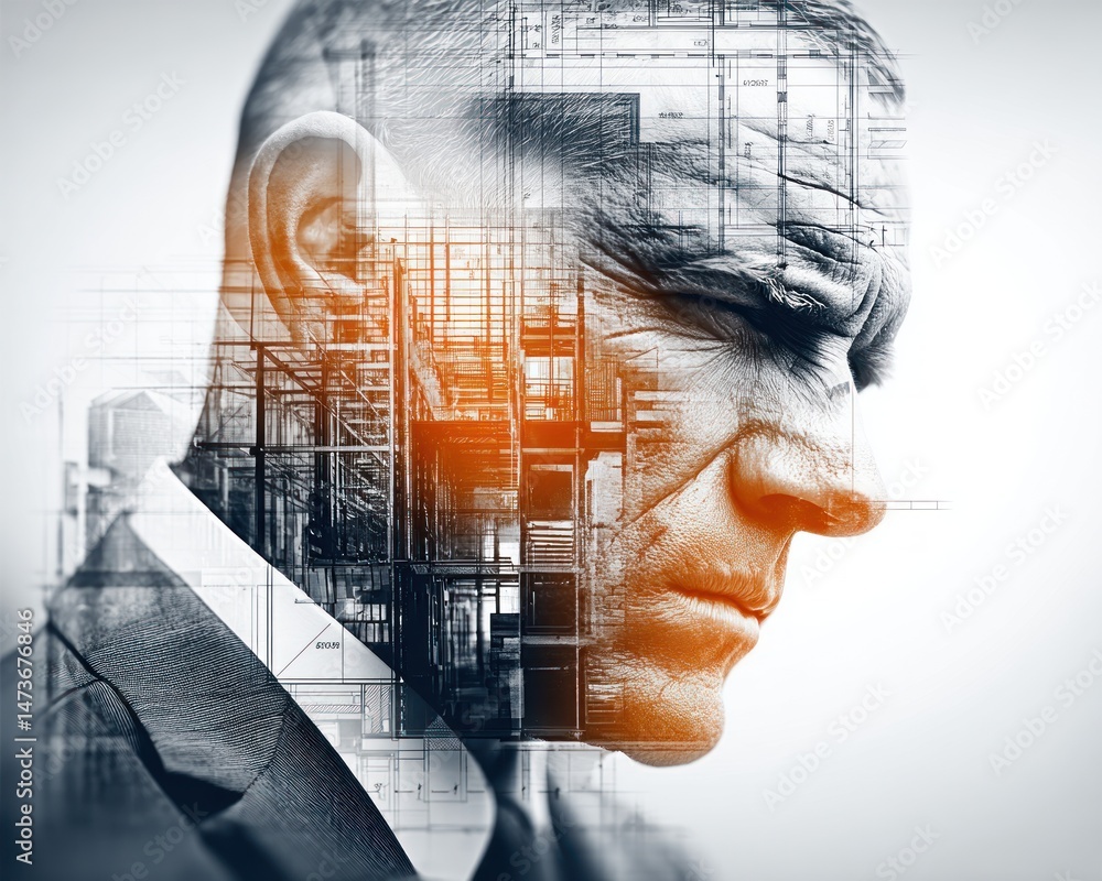 Poster thoughtful man's portrait double exposure with architectural blueprint