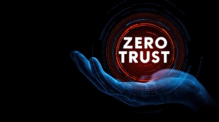 Floating zero trust above an open upward hand shows trust control in zero trust security, privacy model, and secure human digital connection