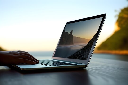 End of the workday digital nomad closing laptop and looking out at beautiful travel destination