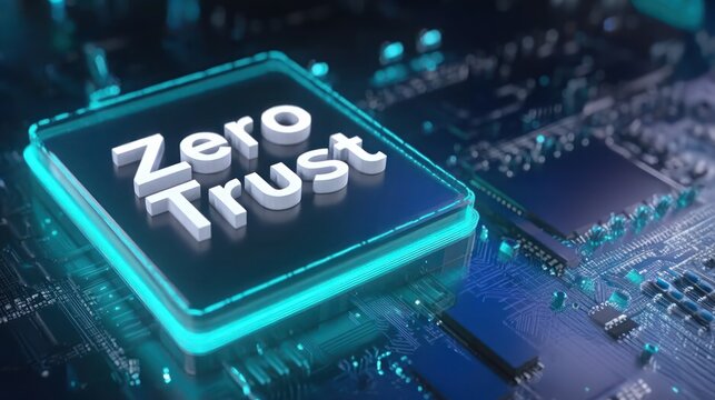 3d zero trust text sits on chip surface showing core structure of zero trust security, privacy strength, and secure computer design