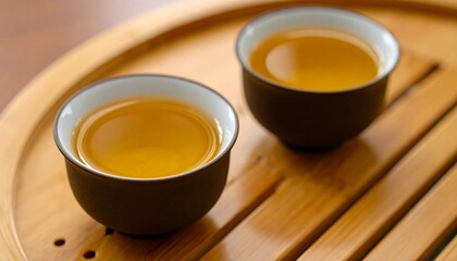 Obraz premium Two cups of tea on wooden tray close up view