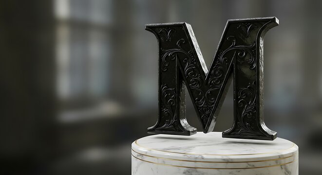 Ornate Letter M on Marble Pedestal