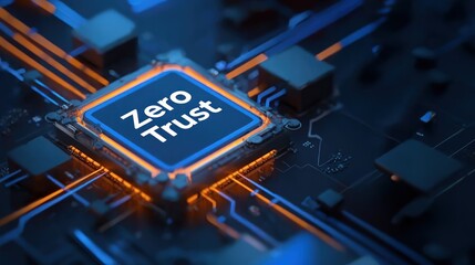Digital shield with zero trust text and glowing wires shows core tech of zero trust security, privacy design, and secure system framework