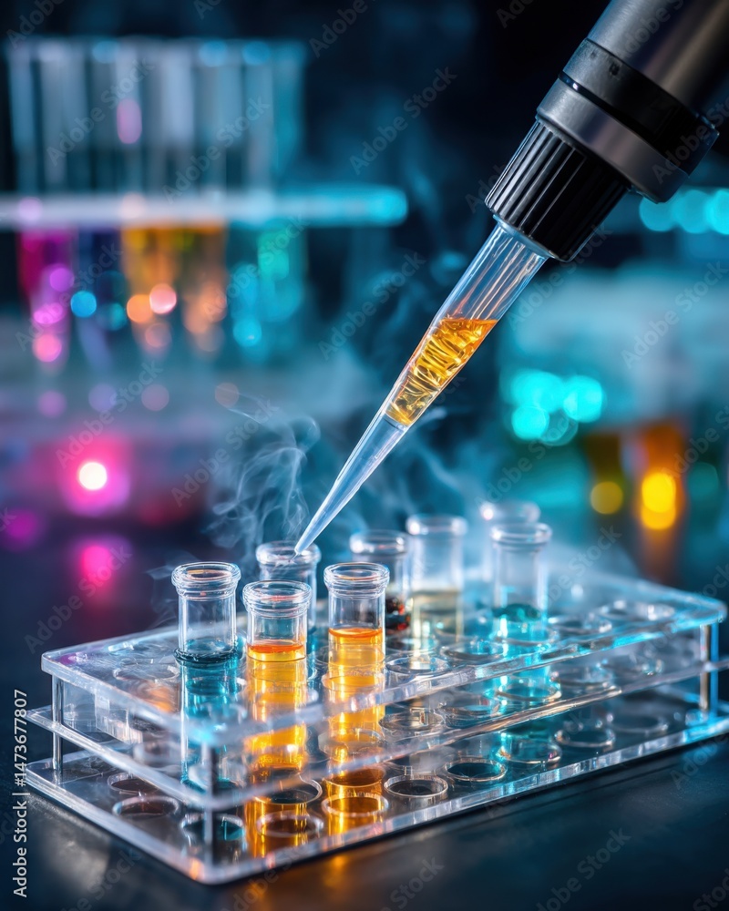 Poster precise pipetting of colorful liquids in a science lab