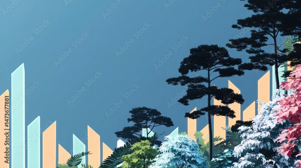 Poster abstract nature scene colorful trees and geometric shapes