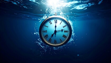 Vintage pocket watch submerged underwater depicting time passing in deep blue sea
