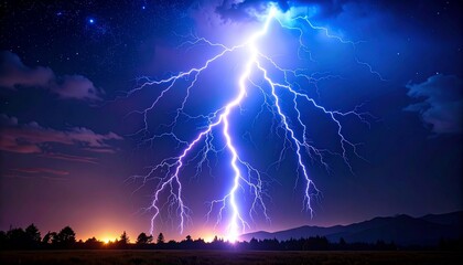 Dramatic lightning strikes over a rural landscape at night under a starry sky