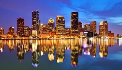 Obraz premium Detroit skyline in cityscape reflecting in river at night