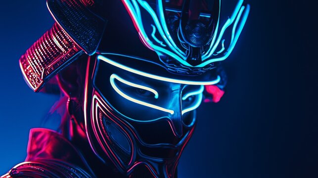 Dynamic neon samurai warrior in futuristic armor stands against illuminated backdrop during night event