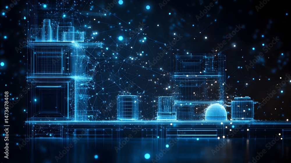 Poster futuristic abstract scene with glowing blue wireframes. digital blueprint of architectural forms con