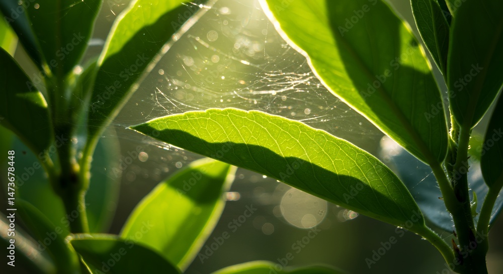 Poster closeup shot of vibrant green leaves illuminated by soft light with bokeh effects and thin strands c