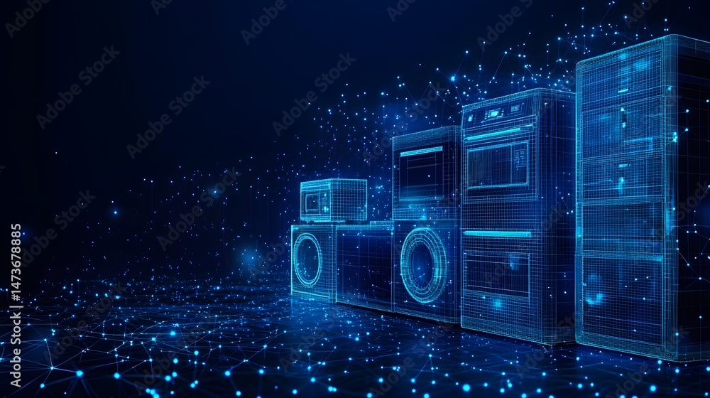 Poster modern appliances visualized as blue wireframes against a networked backdrop. microwave, washer, ove