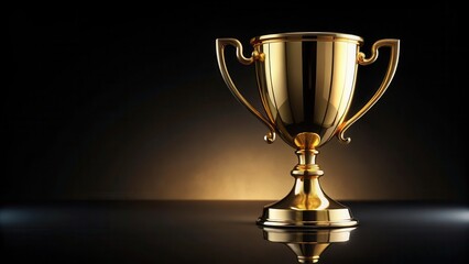 Gold trophy cup on black background with gleaming gold details and reflections, golden details, shiny