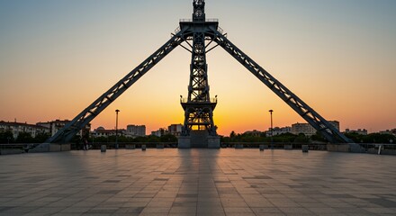 Obraz premium Detailed Metal Tower at Sunset with Patterned Stone Surface Blue and Orange Sky City Buildings and Greenery Symmetrical Eye Level View