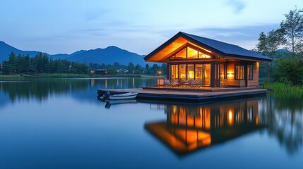 Obraz premium Tranquil Lakeside Cabin at Dusk