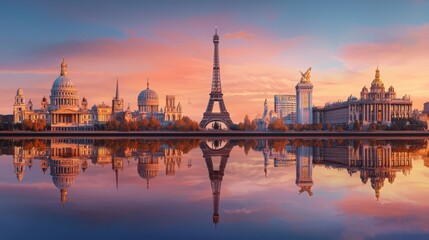 Naklejka premium Stunning Cityscape View Combining European Landmarks at Sunrise with High Fidelity