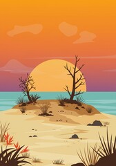 Obraz premium Sunset Beach Landscape: Pixel Art Seascape with Orange and Purple Hues
