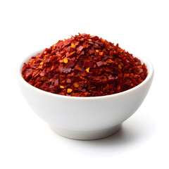 Chili red pepper flakes, chopped, milled dry paprika pile in bowl isolated on white background