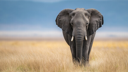 Naklejka premium elephant walks swinging trunk in sunshine 