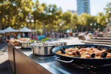 Delicious paella seafood cooking event outdoor catering food service