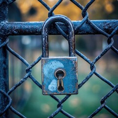 Rusty padlock on a chain-link fence