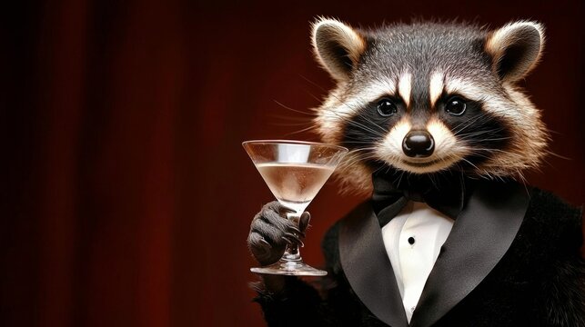 Raccoon in formal attire holding a cocktail glass at a fancy gathering