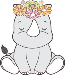 Groovy Woodland Animal with Hand Drawn Rhinoceros for Book Animals for Kids.