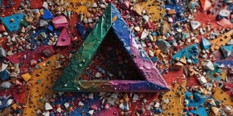 Abstract macro shot of recycled materials forming a triangle shape, multicolored background ,  macro,  stock photo