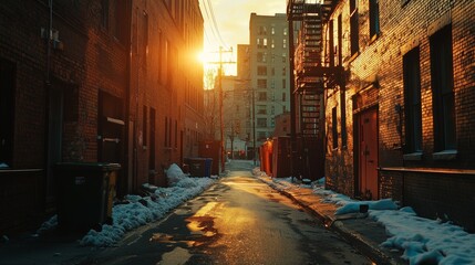 Fototapeta premium Sunset casts warm glow in urban alleyway blanketed with snow reflecting winter scene