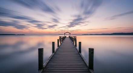 Long Wooden Pier Stretching into a Calm Lake Reflecting a Soft Muted Sunrise with Cloudy Skies Creating a Serene and Peaceful Atmosphere Early Summer Landscape