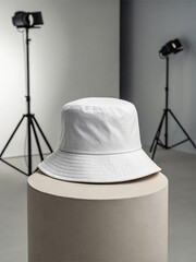 White bucket hat placed on a cylindrical pedestal, illuminated by two studio lights on tripods, against a clean photography studio backdrop – Minimalist Fashion Concept