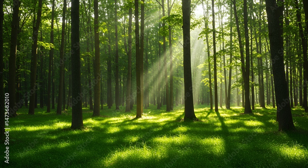 Poster lush forest scene with tall trees reaching skyward vibrant green grassy floor and soft sunlight dapp