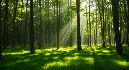 Fototapeta premium Lush Forest Scene with Tall Trees Reaching Skyward Vibrant Green Grassy Floor and Soft Sunlight Dappling Through the Dense Canopy Creating Luminous Highlights and Subtle Shadows