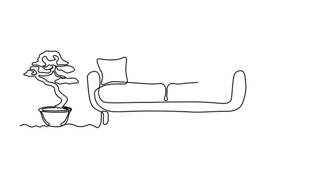 Abstract lounge, living room, upholstered sofa, vintage coffee table and bonsai potted houseplant, Self drawing animation one continuous line draw, logo