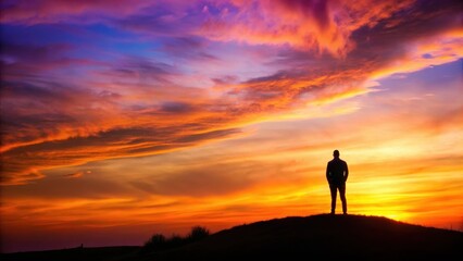 A lone figure stands atop a hill at sunset, silhouette against vibrant orange hues and purple shadows , hilltop, sky