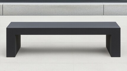 A black bench sits on a white tiled floor.