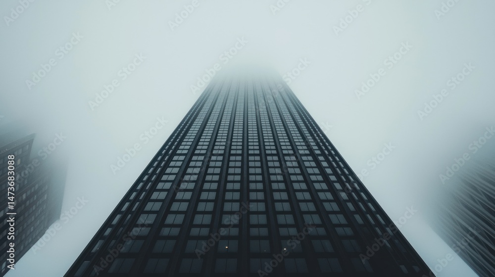 Poster the image shows a tall skyscraper with a grid-like pattern of windows, partially obscured by fog.