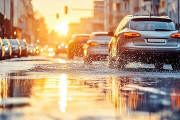 City street at sunset with cars splashing through puddles after rain