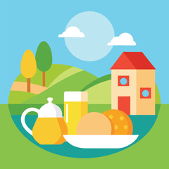 A sunny summer vector illustration shows a cartoon house with a garden on a grassy hill overlooking a beach landscape with blue sky and clouds
