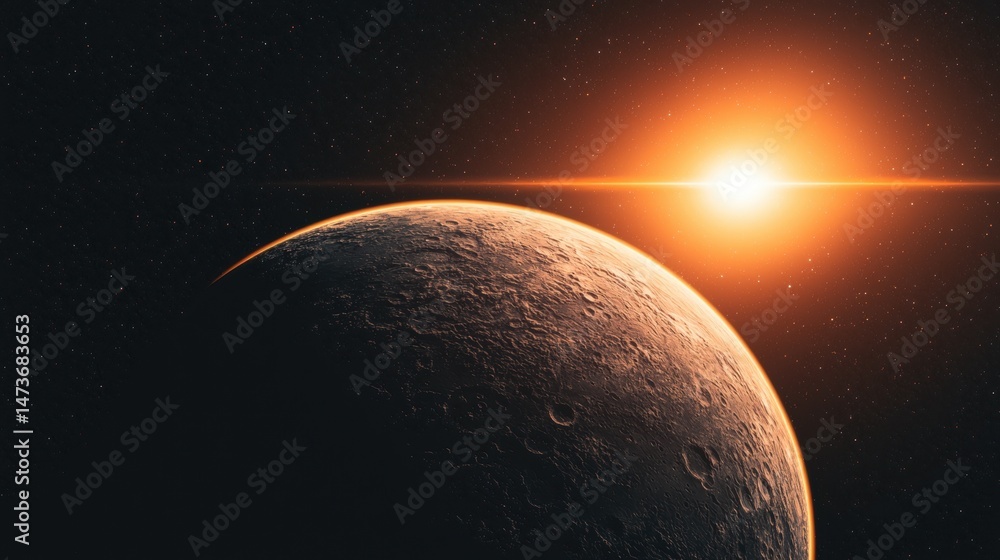 Poster a planet with a sun in the background.