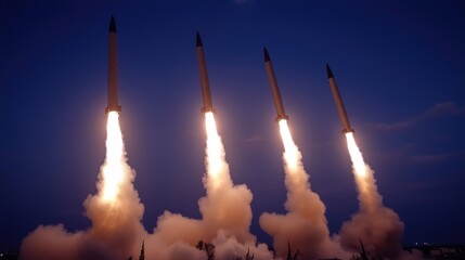 Missile launch at dusk showcasing four rockets ascending into the sky with smoke and flames