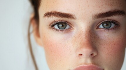 Obraz premium Close-up of a Young Woman's Face with Freckles and Green Eyes